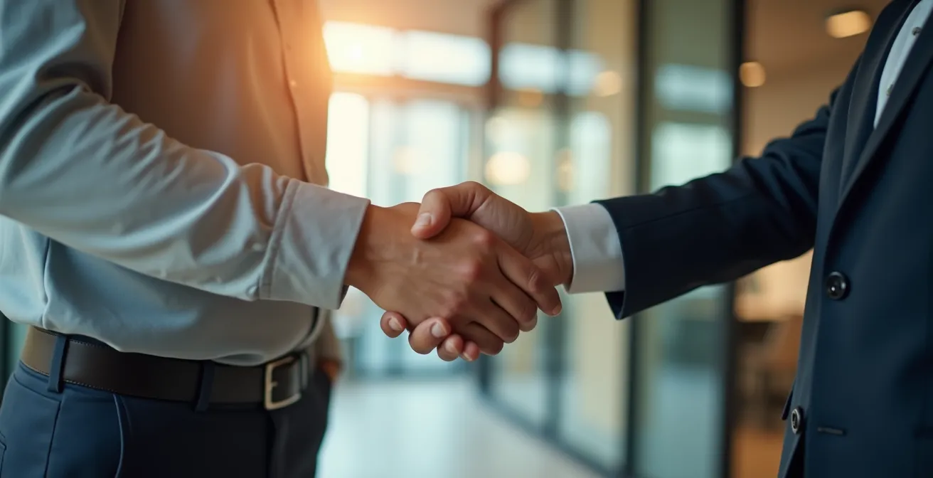 Poignée de main chaleureuse entre deux professionnels dans un environnement de travail moderne